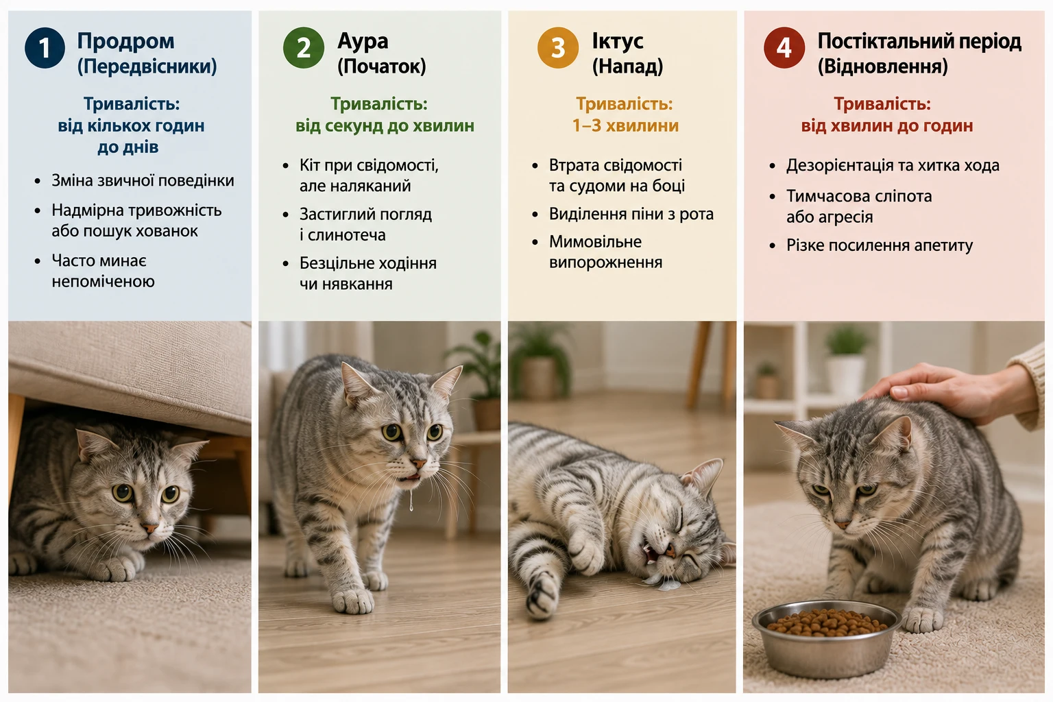 Інфографіка про чотири фази судом у котів, розділена на вертикальні стовпчики: Продром, Аура, Іктус та Постіктальний період. Кожен стовпчик містить опис тривалості, симптоми та фотографію кота у відповідному стані.