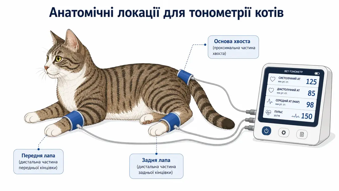 Інфографіка: зони вимірювання артеріального тиску у котів.